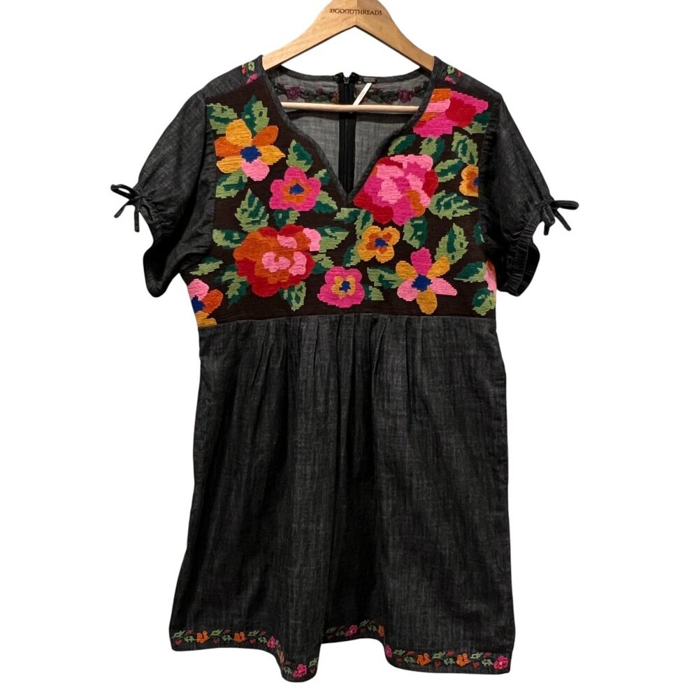 Free People Oaxaca Embroidered Chambray Mini Dress, Pockets, Gray, L - Picture 8 of 8